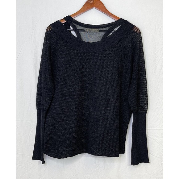 ROBBI & NIKKI Black Woven Knit Tank Layered Long Sleeve Sweater Size LARGE - Picture 5 of 6